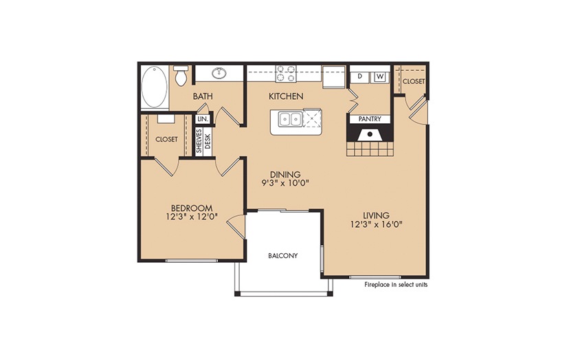 Floor plan map for a 1 bedroom apartment at Grapevine TwentyFour 99 in Grapevine, TX featuring labeled rooms with dimensions.