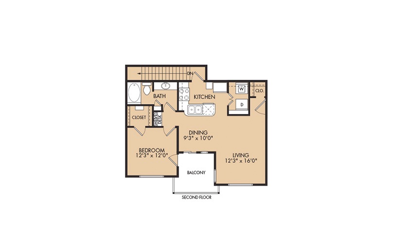 Floor plan map for a 1 bedroom apartment at Grapevine TwentyFour 99 in Grapevine, TX featuring labeled rooms with dimensions.