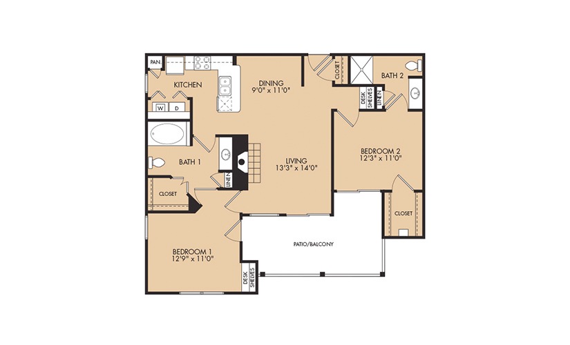 Floor plan map for a 2 bedroom apartment at Grapevine TwentyFour 99 in Grapevine, TX featuring labeled rooms with dimensions.
