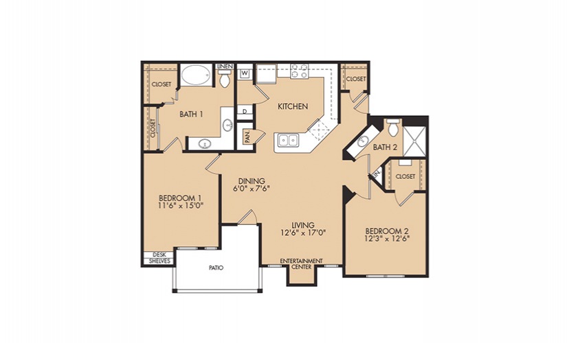 Floor plan map for a 2 bedroom apartment at Grapevine TwentyFour 99 in Grapevine, TX featuring labeled rooms with dimensions.