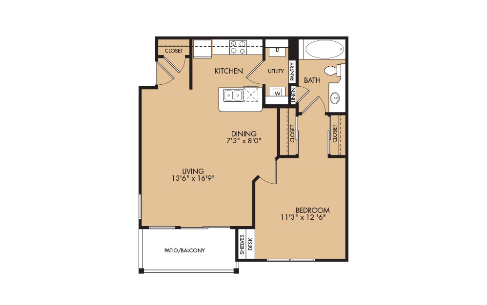 A1 - 1-bedroom floorplan layout with 1 bath and 667 square feet