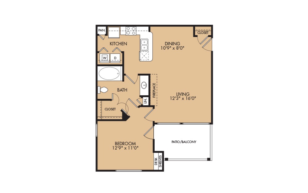 A2 - 1-bedroom floorplan layout with 1 bath and 769 square feet