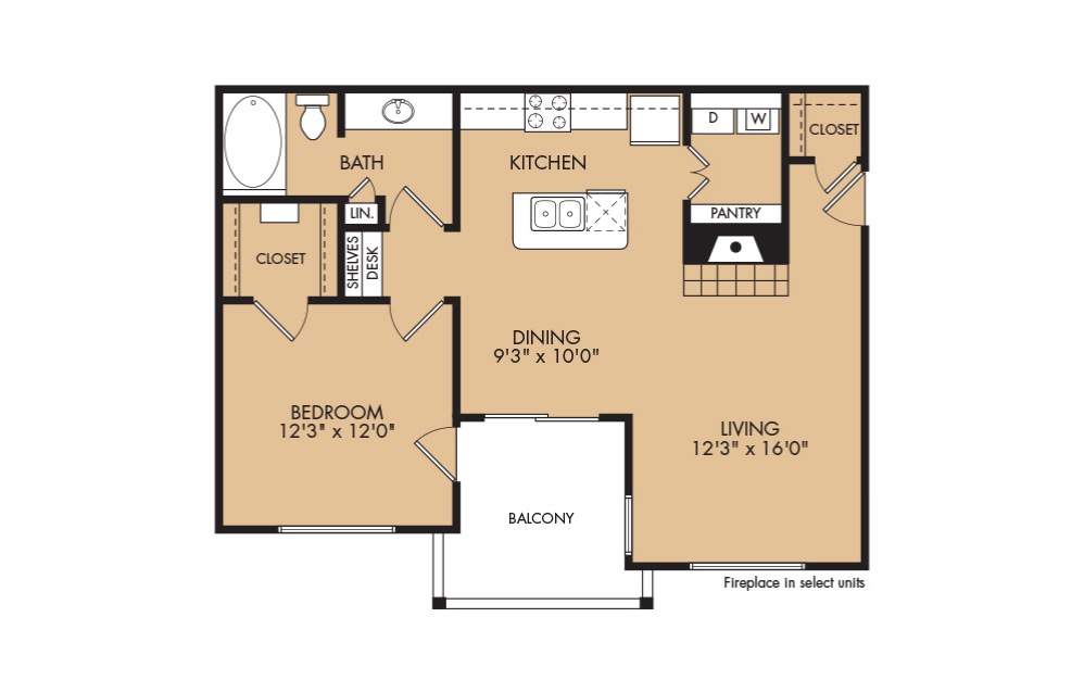 A3 - 1-bedroom floorplan layout with 1 bath and 812 square feet