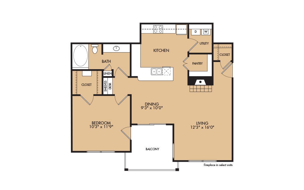 A5 - 1-bedroom floorplan layout with 1 bath and 882 square feet