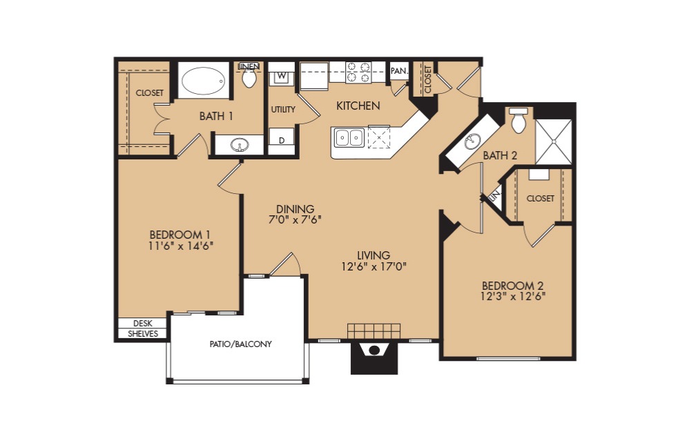 B2 - 2-bedroom floorplan layout with 2 baths and 1108 square feet