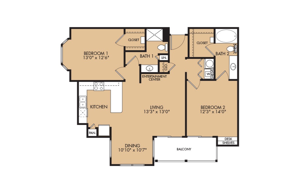 B3- 2-bedroom floorplan layout with 2 baths and 1161 square feet