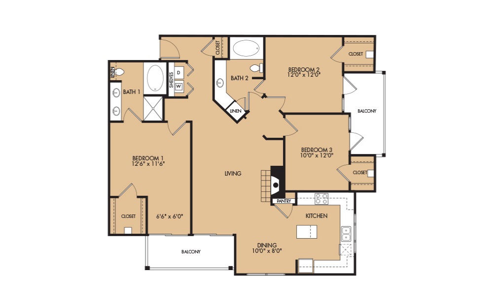 C1 - 3 bedroom floorplan layout with 2 bathrooms and 1358 square feet